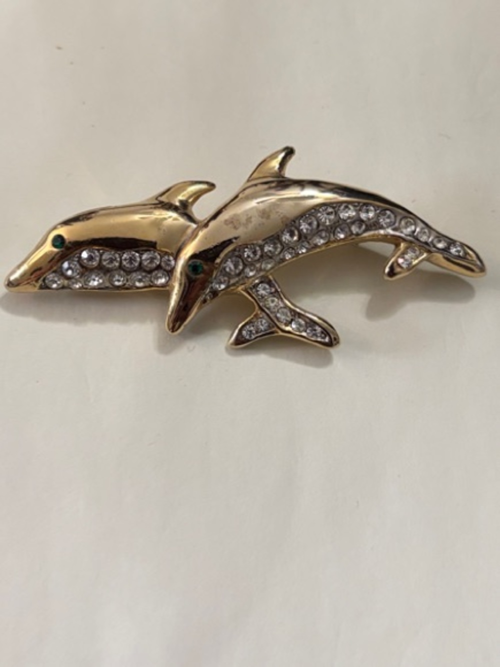 Vintage Double  Dolphin Rhinestone Brooch - Twin Dolphins with green eyes